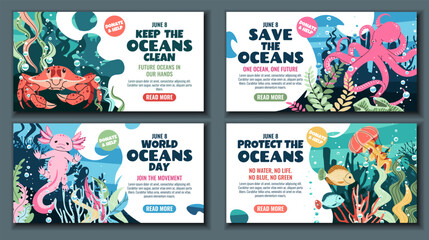 World Oceans Day Banner Set. Octopus, Axolotl, Crab, Jellyfish and Tropical Fish on Coral Reef with Seaweed. Templates for Marine Conservation Events, Educational Workshops and Aquarium Promotions.
