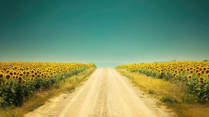 Sun-drenched dirt road with sunflowers on both sides under a clear blue gradient horizon