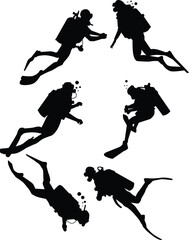 A hand-drawn silhouette set of scuba divers in various underwater poses — ideal for marine exploration themes, diving gear illustrations, ocean adventure graphics, and aquatic activity designs