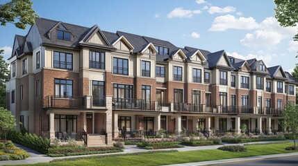 Fototapeta premium Tall townhouse buildings in new residential complex with multi-tone bricks and sharp angles