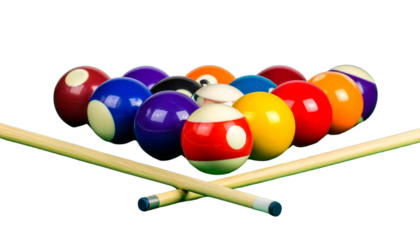 Top-down view of a billiards arrangement with colorful balls and cues on green felt, isolated on white