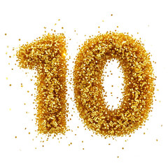 Golden Confetti Number 10. Festive Explosion of Gold Particles for 10th Birthday or Anniversary Celebration. Isolated 3D Render Illustration on White Background.