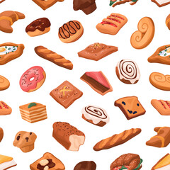 Repeatable pattern of fresh bakery, tasty pastry, food. Endless background of baked products, flour desserts: bread, croissants, flaky buns, donuts, cheesecakes. Flat seamless vector illustration
