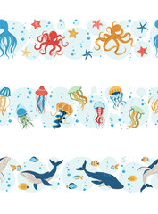 Seamless Ocean Borders Set. Whales, Jellyfish and Octopuses in Flat Design. Perfect for Marine Conservation Websites, Kids Educational Materials and Underwater Party Decor. Repeatable Vector Patterns