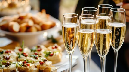 Party Events. Elegant Champagne Glasses and Gourmet Appetizers at Wedding Reception