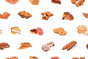 Endless background with fresh baked products, bakery food. Repeatable pattern of pastry, flour desserts: bread toasts, croissants, flaky buns, donuts, cheesecakes. Flat seamless vector illustration