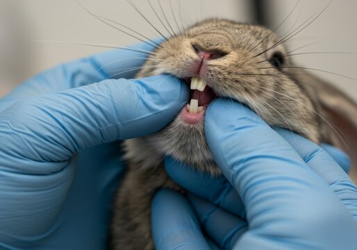 Veterinarian examining rabbit teeth with gloved hands