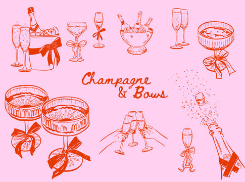 Set of whimsical hand drawn Champagne and Bows, Hands clinking champagne glasses, Champagne vector ink doodle illustrations for invitations, menus and web icons