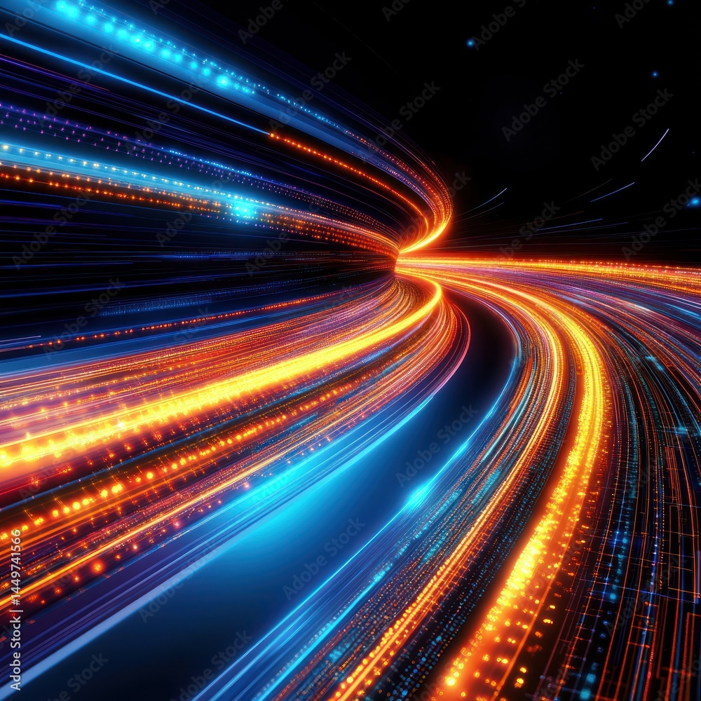Wall mural abstract digital tunnel with light trails, speed and data flow through technology, futuristic backgr