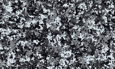 Abstract grayscale digital camouflage pattern.  Perfect for backgrounds, textiles, or militarythemed designs.  Offers a modern, textured aesthetic with a blend of dark and light tones.