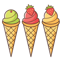 Ice Cream Cones Vibrant Flavors Fruit Toppings