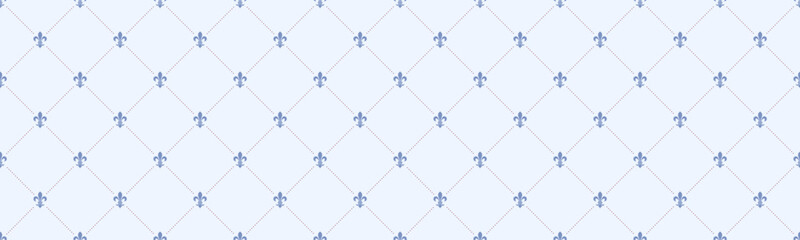 Elegant seamless pattern featuring delicate fleurdelis motifs arranged in a subtle diamond grid.  Perfect for adding a touch of sophistication to websites, stationery, or textile designs.