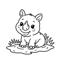 Cute baby rhinoceros smiling in a puddle on grass  