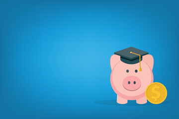 Graduation cost, expensive education, scholarship loan budget, education savings and investment concept. Piggy bank in flat design.	