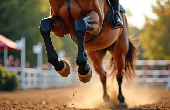Dynamic photo captures horse jumping over obstacle during equestrian competition. Focus on horse legs in mid-air with dust particles. Sport, action, movement, agility, showjumping, horseriding theme. - Powered by Adobe