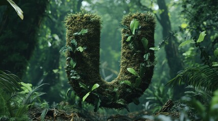 Obraz premium Moss-covered letter U floating in a lush green forest, sunlight, nature background, for environmental themes