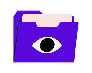 Hand drawn cute illustration of folder with eye. Flat vector file archive with documents doodle. Planning or time management icon. Information search. Analysis or research. Isolated.