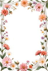 Obraz premium Vibrant Floral Frame PNG on Transparent Background, Transparent Bloom Border Arrangement, Botanical Summer Overlay, Colorful Flower Illustration with Daisies and Gerbera for Invitation Designs
