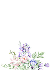 Obraz premium Watercolor flowers, floral frame for greeting card, invitation and other printing design. Isolated on white. Hand drawing. 