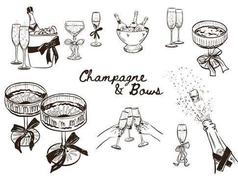 Set of whimsical hand drawn Champagne and Bows, Hands clinking champagne glasses, Champagne vector ink doodle illustrations for invitations, menus and web icons