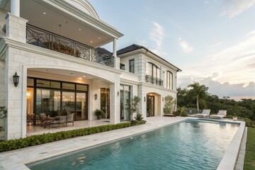 Luxurious White Villa With Elegant Pool at Sunset Generative AI