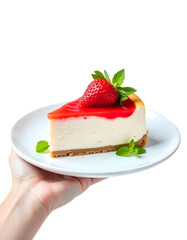 hand holding a plate with cheesecake and strawberries