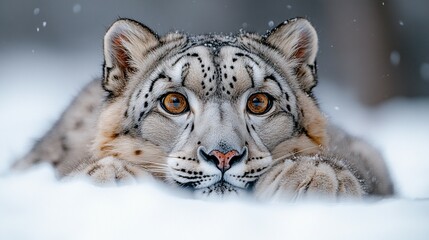 Fototapeta premium Close-up Portrait of a Snow Leopard in Snowy Mountains 
