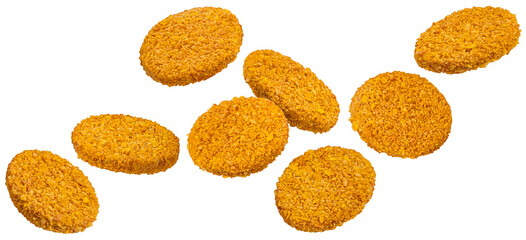 Falling chicken burger patty isolated on white background