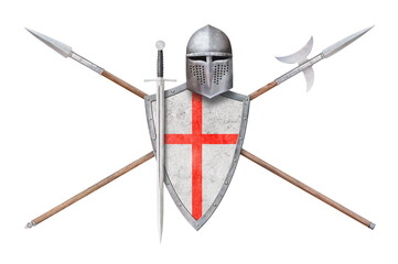 sword helmet shield with red cross and lances isolated on white