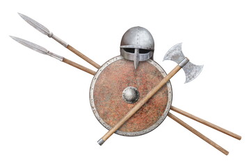 helmet shield axe and two spears isolated on white