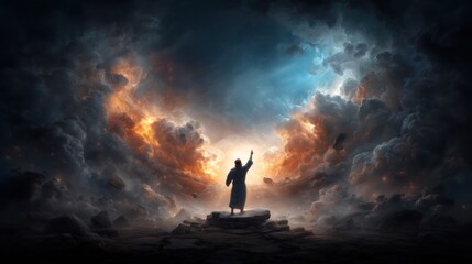 Fototapeta premium Figure in robe stands amidst dramatic clouds