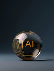 Crystal ball with circuits and AI chip inside concept illustration.