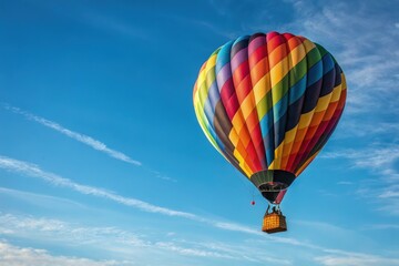 Fototapeta premium Multicolored Hot Air Balloon Soaring High in the Clear Sky Generative AI