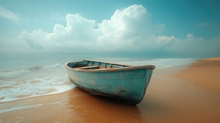 Obraz premium Tranquil seascape featuring a weathered boat on a sandy shore.