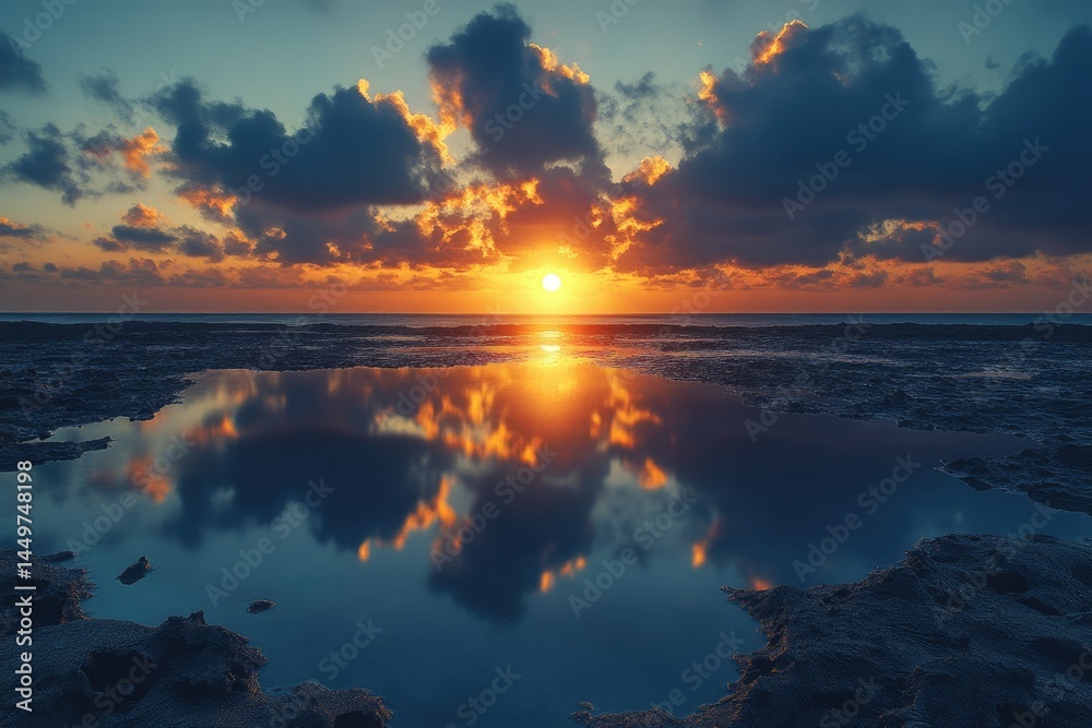 Poster Stunning sunset over the ocean, reflected in a calm tidal pool, creating a breathtaking mirrored image.