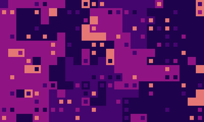 Abstract pixel art background.  Vibrant purple and peach squares create a dynamic, energetic design. Ideal for tech, gaming, or modern design projects.