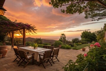 Fototapeta premium Stunning Sunset View From Cozy Patio With Table and Chairs Generative AI
