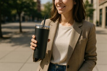 Plakat Woman holding reusable tumbler