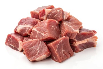 Fototapeta premium Raw Meat Pile on White Background Captures Fresh Cuts Generative AI