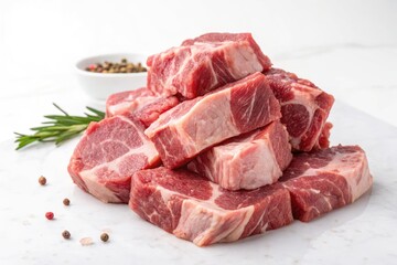 Pile of Raw Meat on White Background With Spices Nearby Generative AI