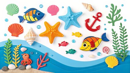 Naklejka premium Stylized flat lay of colorful ocean-themed toys and symbols, celebrating sea life diversity with vibrant design.