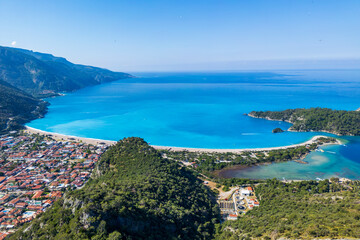 Fototapeta premium The Oludeniz Beach drone view from hill in Fethiye Town of Turkey