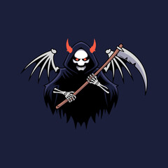 Spooky Grim Reaper Character with Scythe, Horns, and Wings for Halloween or Gaming