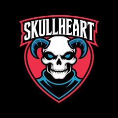 Intense Skull with Horns and Glowing Eyes in Heart-Shaped Shield Esport Logo