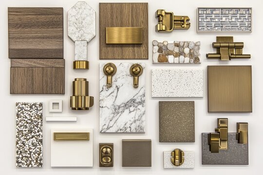 Interior design material samples  Variety of finishes and textures