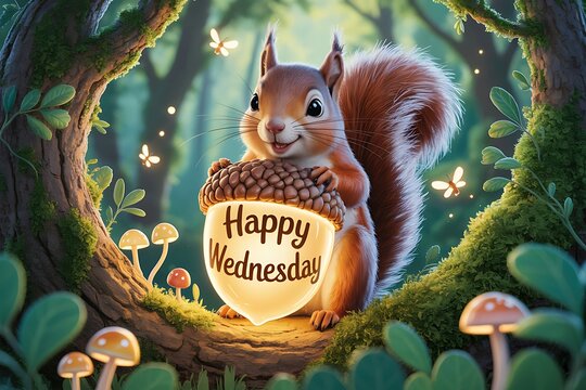 Whimsical woodland scene with a squirrel holding an acorn wishes happy wednesday