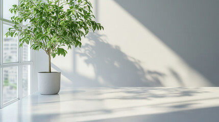 Obraz premium Potted plant by sunlit window casting shadows in modern room
