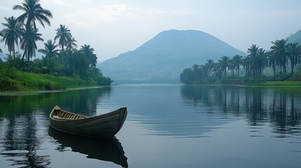 Obraz premium Peaceful river scene with traditional boat and misty mountains.