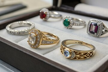 Various Elegant Rings Displayed on a Table in Detail Generative AI