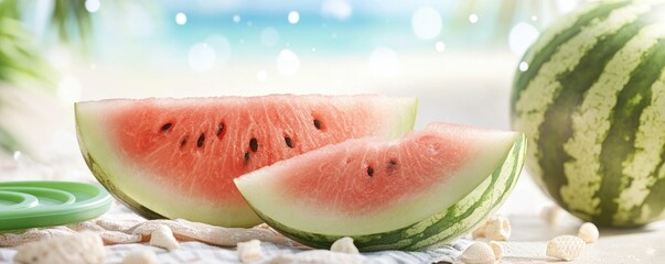 Freshly sliced watermelon pieces arranged on a picnic blanket with a in the foreground set against a beach themed background evoking a sense of summer relaxation and healthy outdoor enjoyment